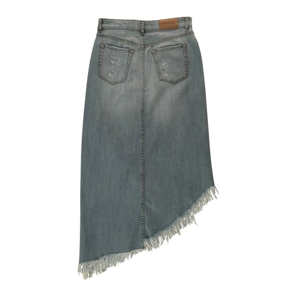 Retroféte Skirt Small Denim Button Midi Jeans Asymmetrical Distressed Fringe Hem - Picture 10 of 10